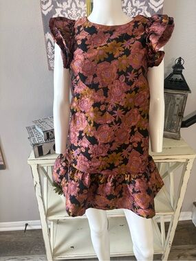 🌟 TCEC Bronze Baroque Floral Jacquard Ruffle Dress 🌟
